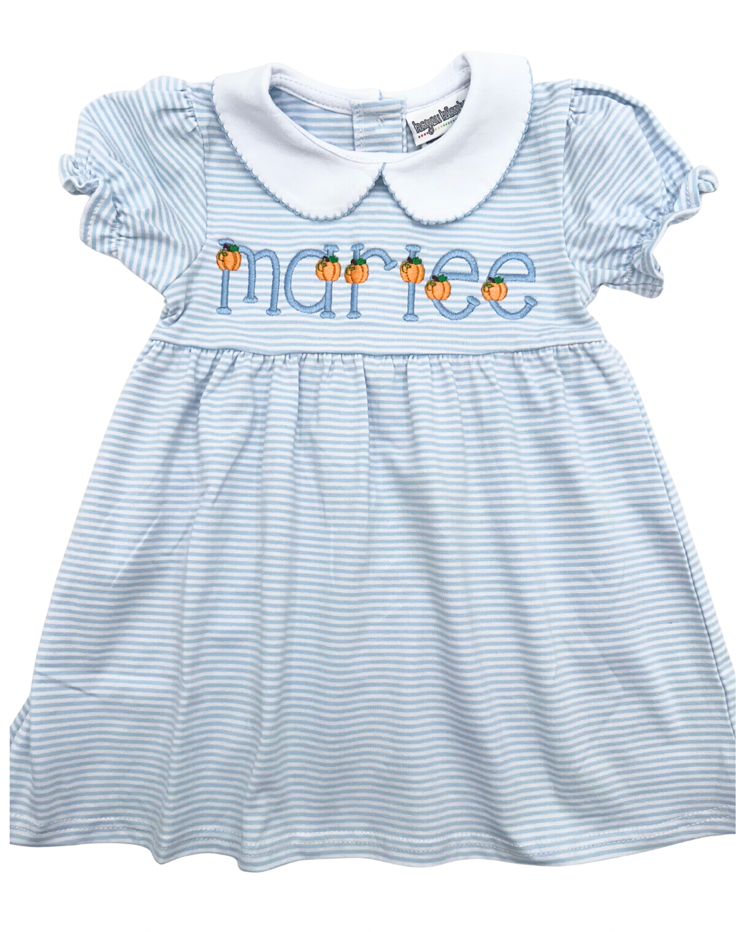 Embroidered Name in Pumpkin Percy Font on Blue Stripe Dress with Peter Pan Collar