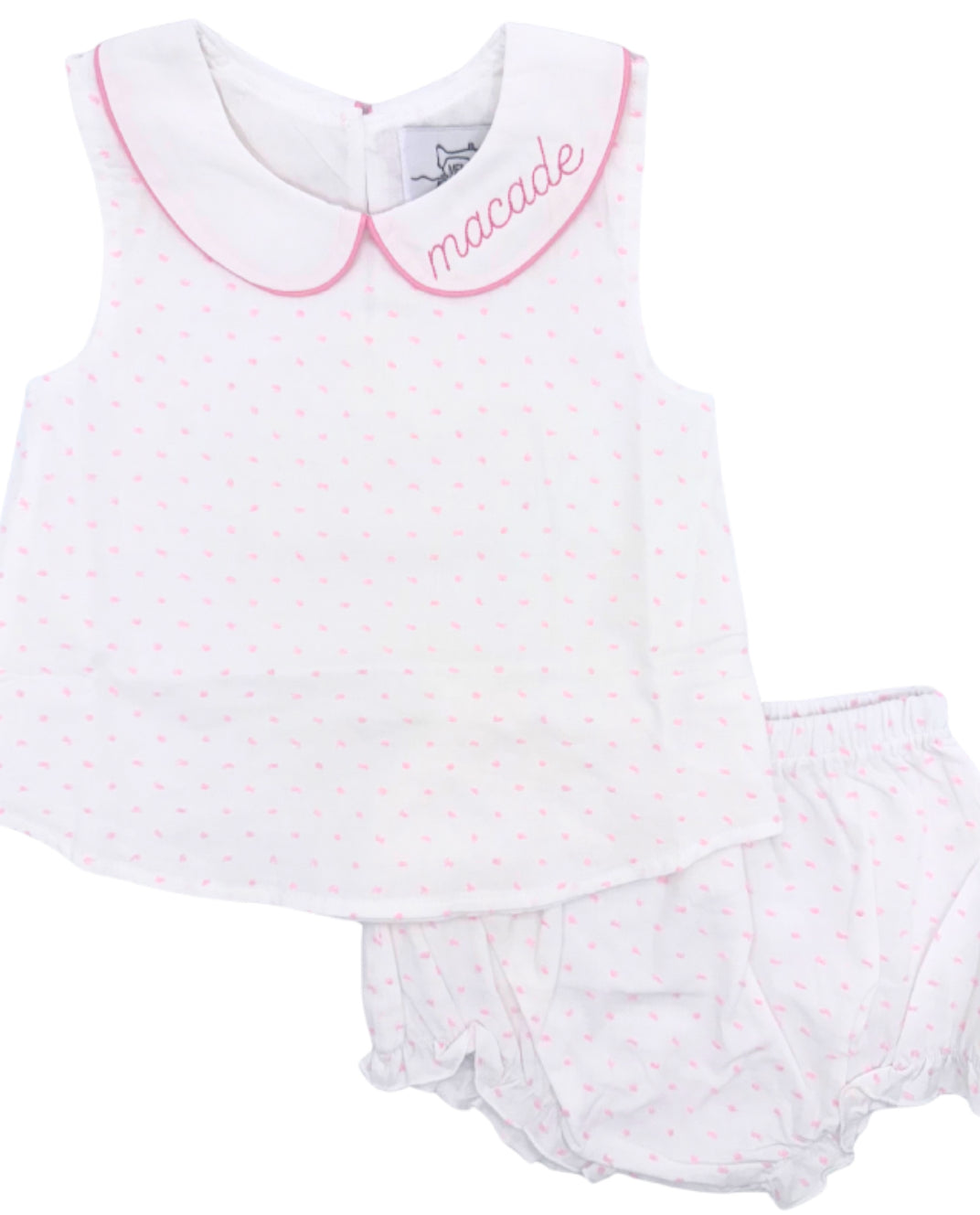 White with Blue Swiss Dot Diaper Set with Peter Pan Collar