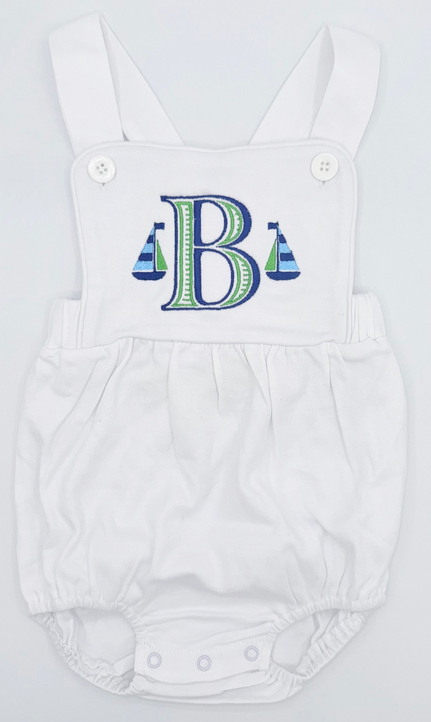 Embroidered Sail Boat and Initial Boy’s Sunsuit, Baby Boy Toddler | Bubble, Boy Outfit, Summer, Romper, Boats, Custom, Bold, Blue and Green