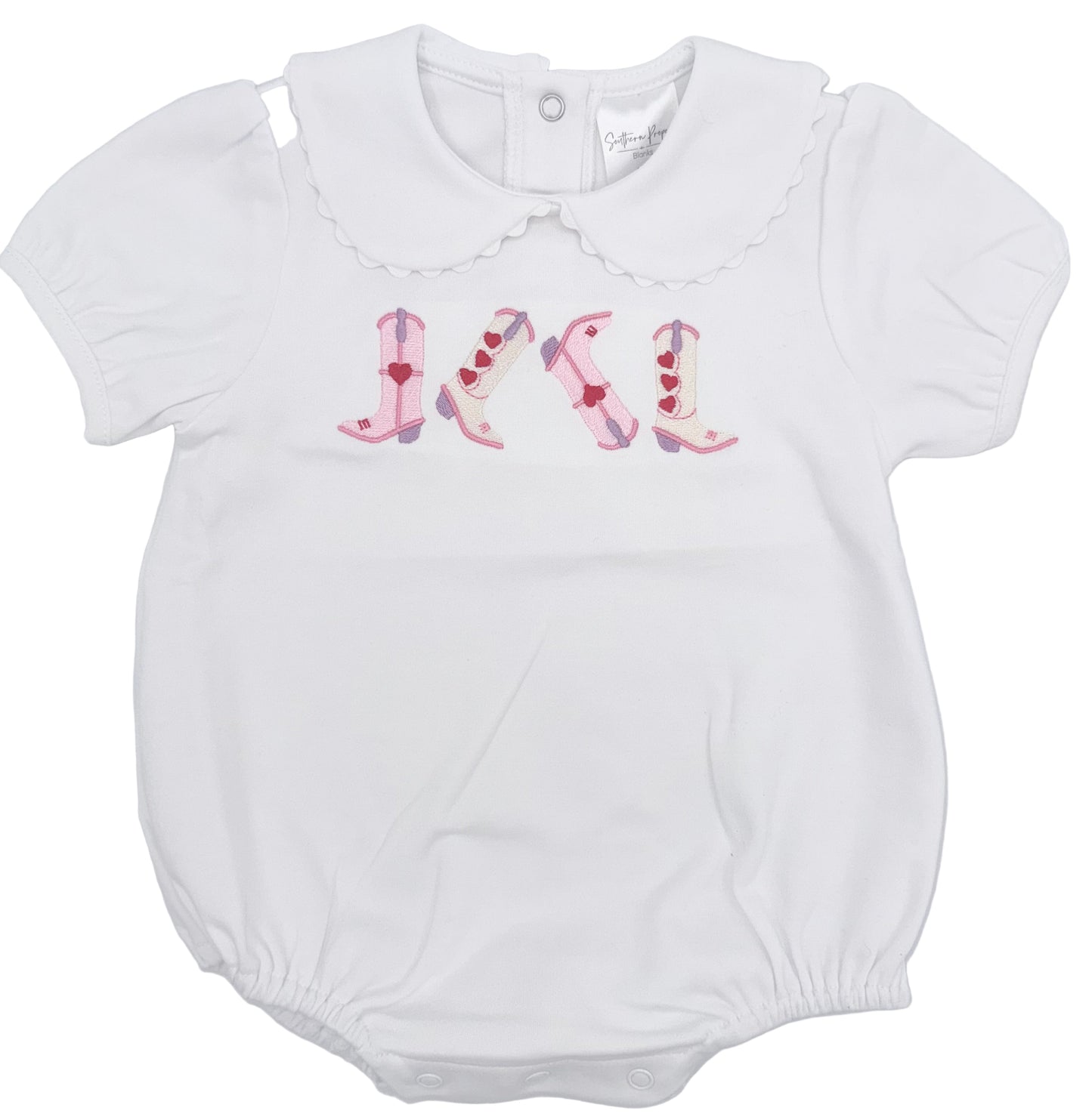 Personalized Valentine Boots Bubble, Peter Pan Collar, Embroidered Name, Baby Shower Gift