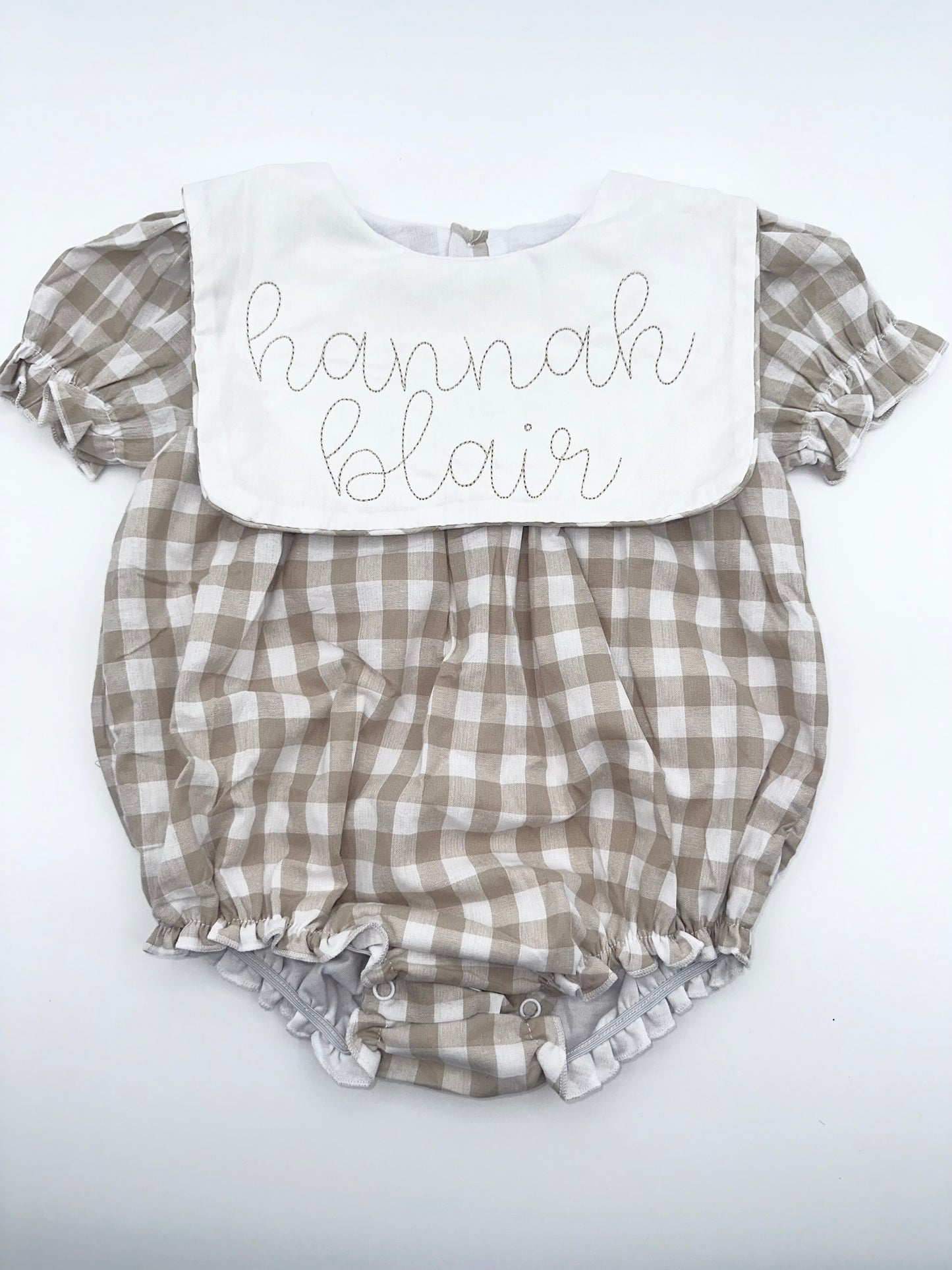 Personalized Baby Girl Gingham Romper – Embroidered Name Bubble Outfit – Neutral Monogram Baby Clothes