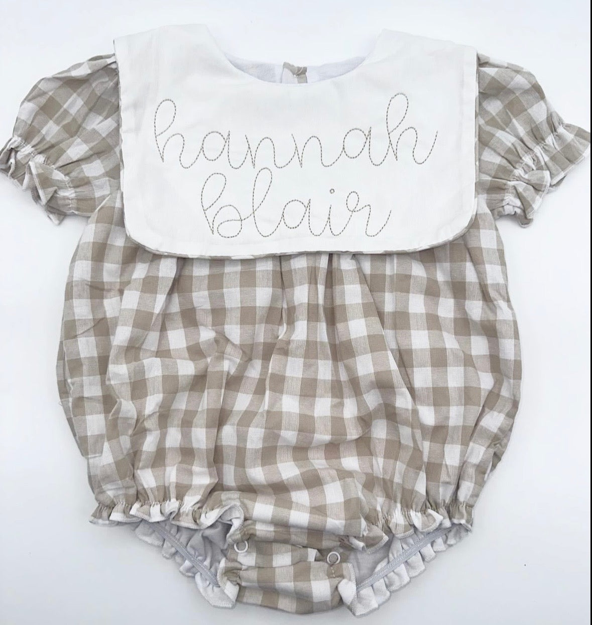 Personalized Baby Girl Gingham Romper – Embroidered Name Bubble Outfit – Neutral Monogram Baby Clothes