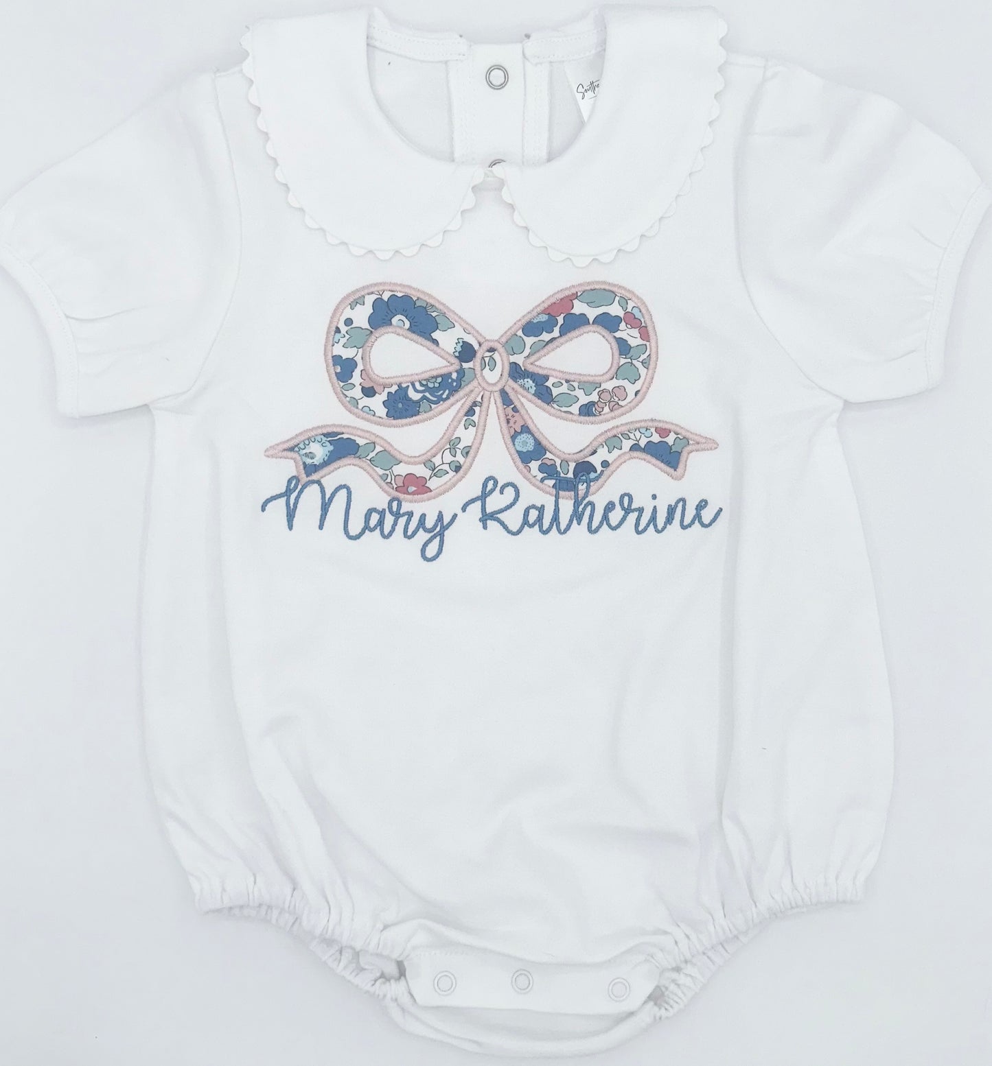 Floral Bow Appliqué Baby Bubble with Peter Pan Collar