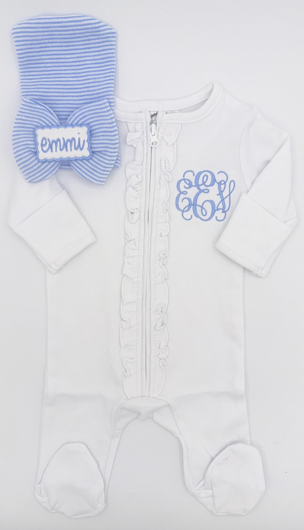 Custom Ruffle Baby Outfit with Monogram & Bow Hat | Hospital Outfit, Newborn Outfit, Customize, Embroidered, Coming Home Outfit