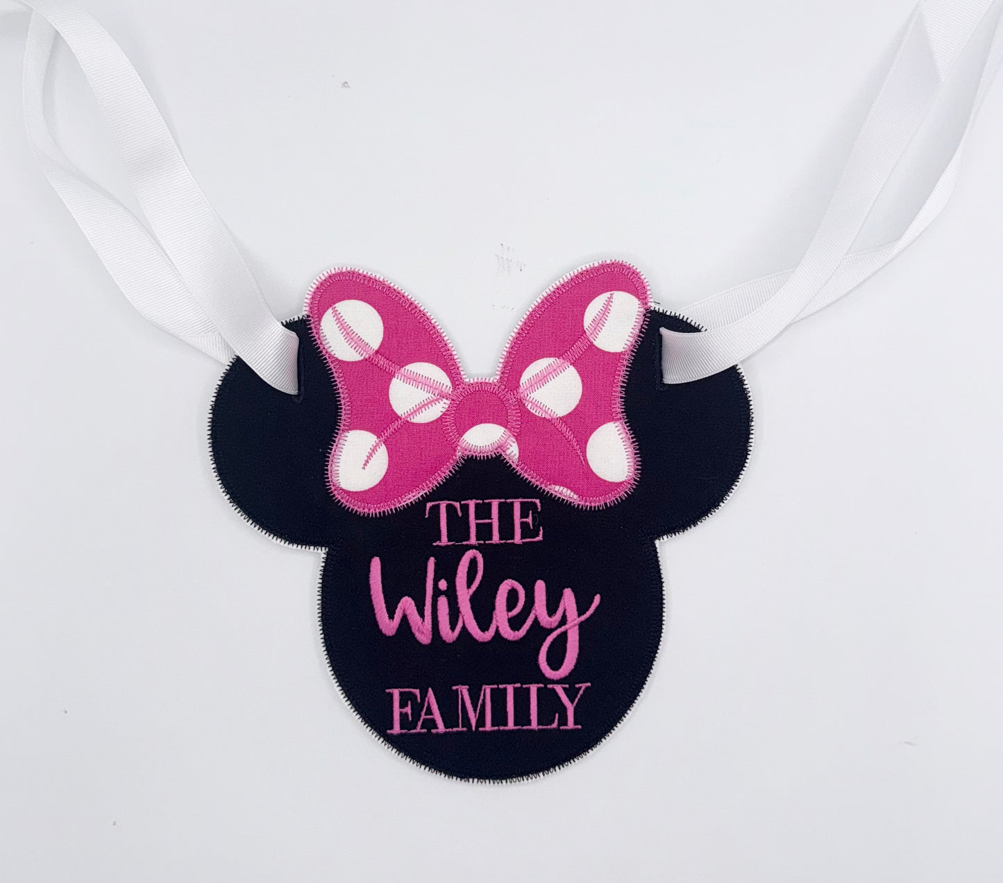 Personalized Mouse Head Stroller Tag | Polka Dot Bow | Pink | Black | White