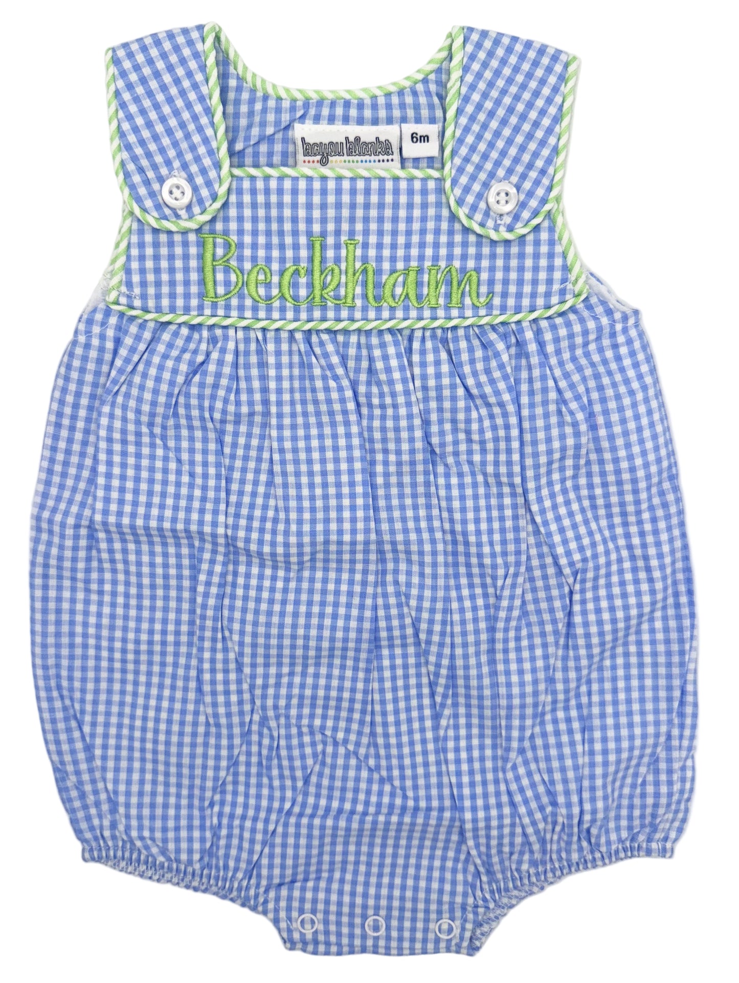 Embroidered Boys Gingham with Green Seersucker Piped Edge Monogram Sunsuit, Baby Boy Toddler | Bubble, Boy Outfit, Summer, Romper, Blue and White (Copy)