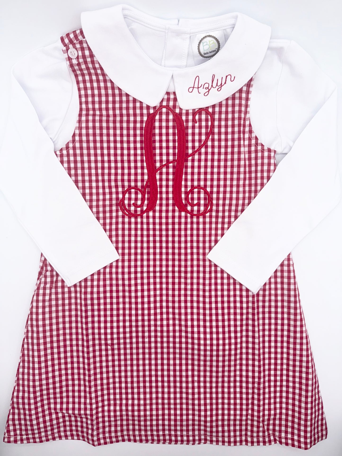 Personalized Red Gingham Jumper Dress | Peter Pan Collar Shirt