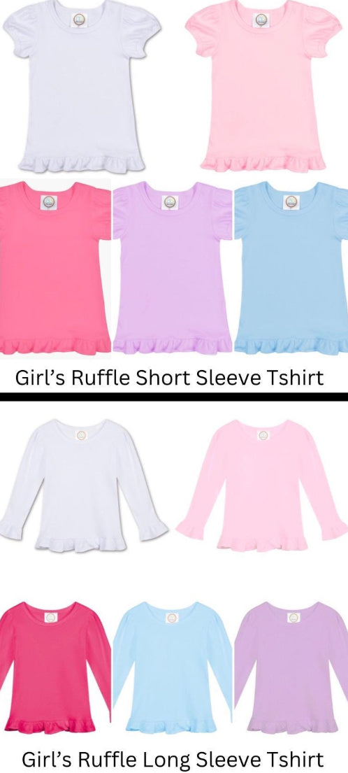 Blue Floral Girls Big Sister Shirt or Dress – Custom Ruffle Tee with Blue Floral Appliqué – Personalized Sister Shirt | Dress Option