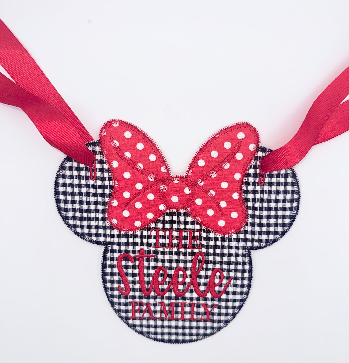 Personalized Gingham Mouse Head Stroller Tag | Polka Dot Bow | Red | Black | White