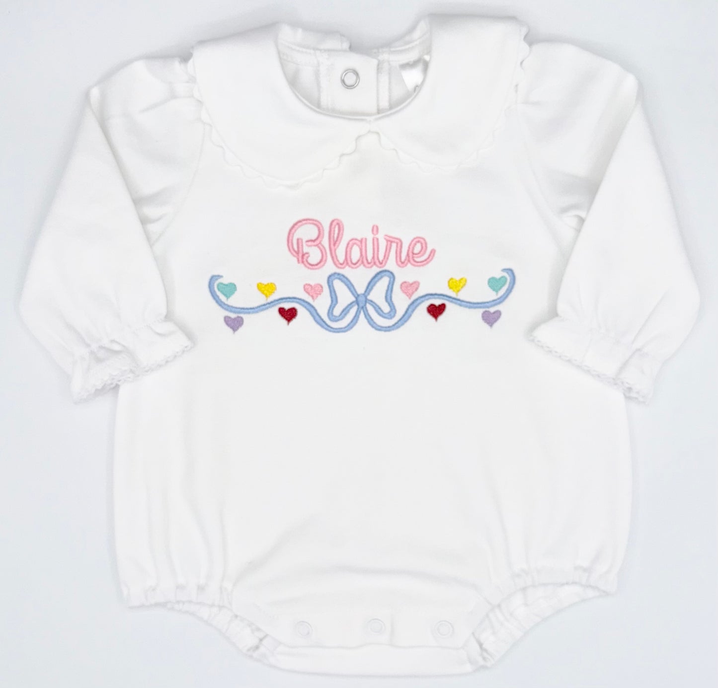 Sweetheart Bow Long Sleeve Bubble Embroidered Name, Baby Shower Gift, Peter Pan Collar