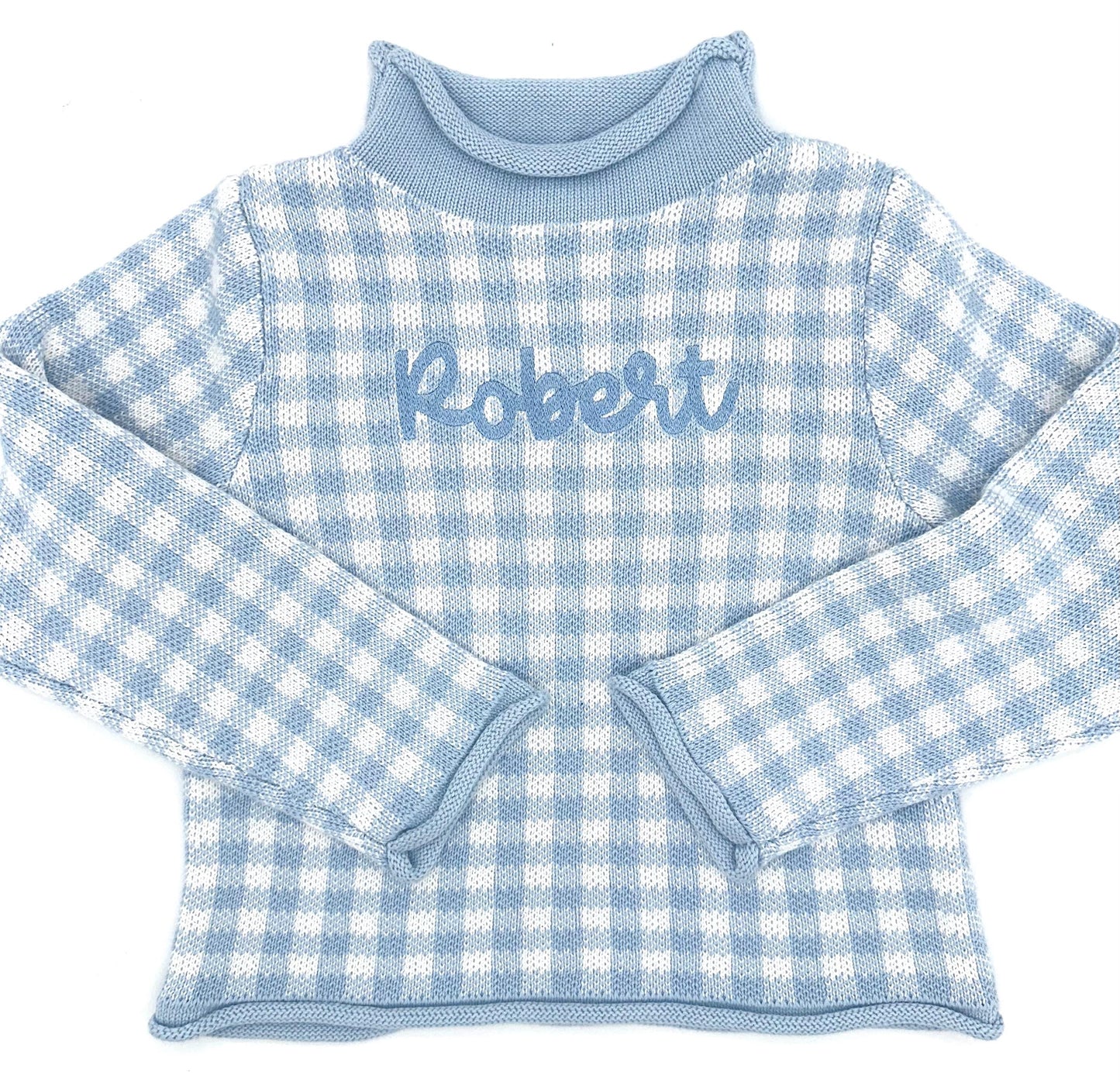 Personalized Blue Gingham Rollneck Sweater, Baby Toddler Boy Girl | Winter Clothes, Sweater, Customize, Embroidered, Every day wear