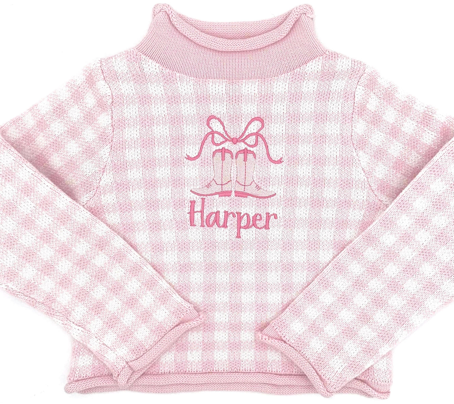 Personalized Pink Gingham Rollneck Sweater, Baby Toddler Girl | Winter Clothes, Sweater, Customize, Embroidery, Cowgirl, Boots, Bow, Gingham