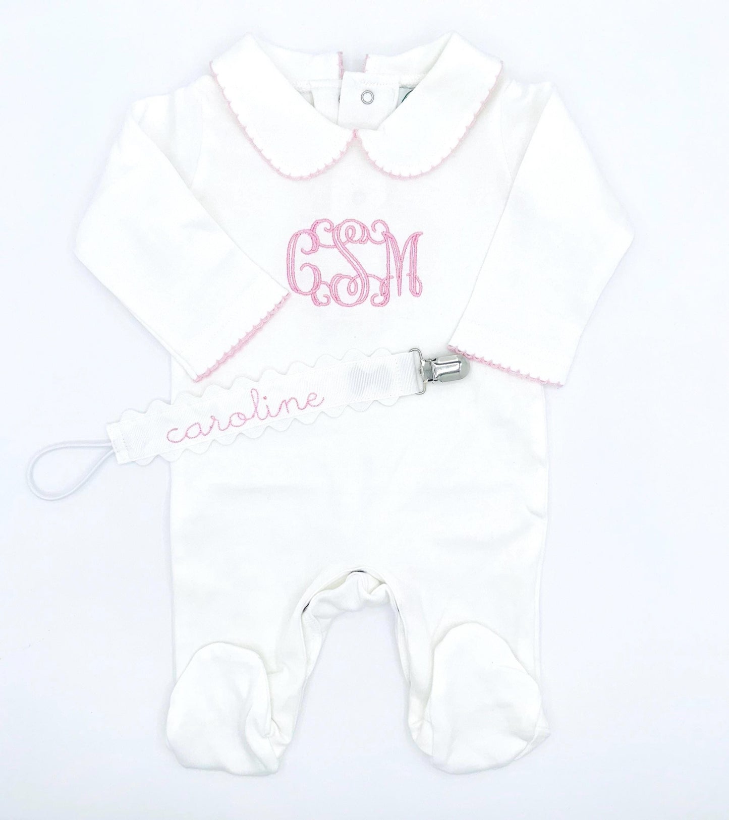 Personalized Footie w/ Collar, Baby Girl | Hospital Outfit, Newborn Outfit, Customize, Embroidery, Coming Home Outfit, Monogram, Picot Trim