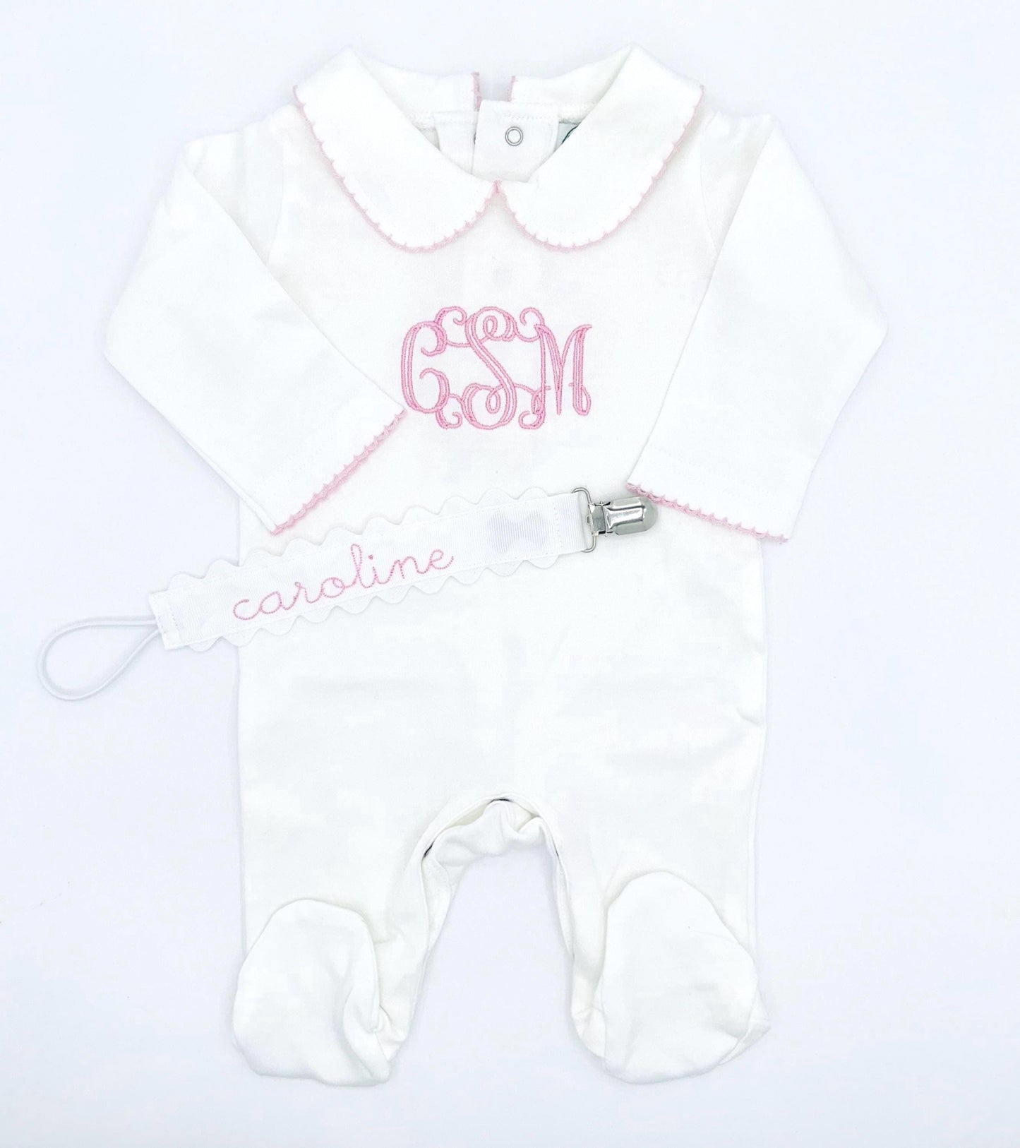 Personalized White w/ Picot Trim Newborn Footie, Baby Boy Girl | Hospital Outfit, Newborn Outfit, Customize, Embroidered, Coming Home Outfit