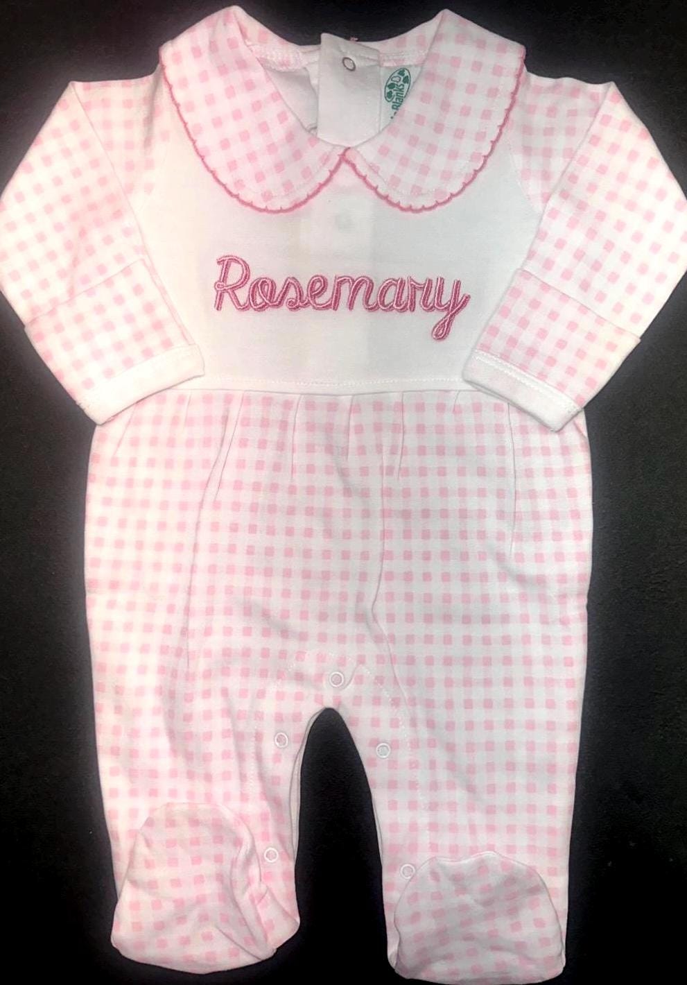 Customized Pink Gingham Newborn Footie, Baby Girl Boy | Hospital Outfit, Newborn, Embroidery, Coming Home Outfit, Stripes, Peter Pan Collar