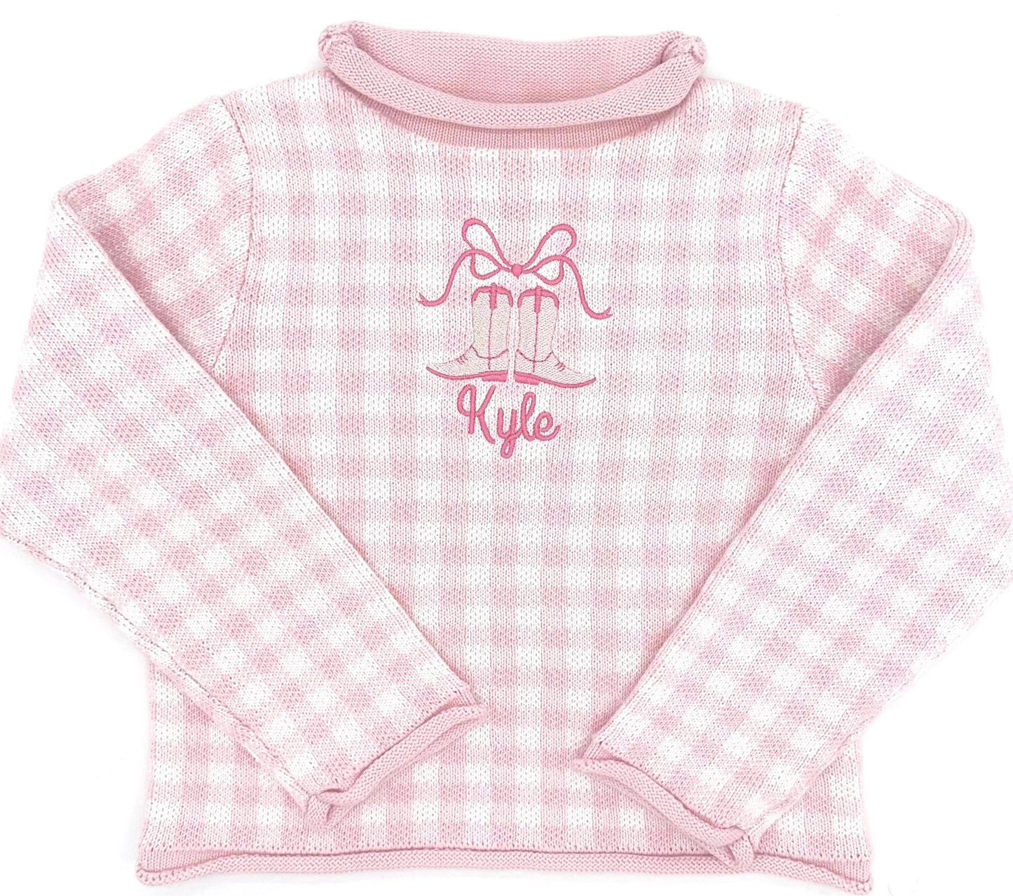 Personalized Pink Gingham Rollneck Sweater, Baby Toddler Girl | Winter Clothes, Sweater, Customize, Embroidery, Cowgirl, Boots, Bow, Gingham