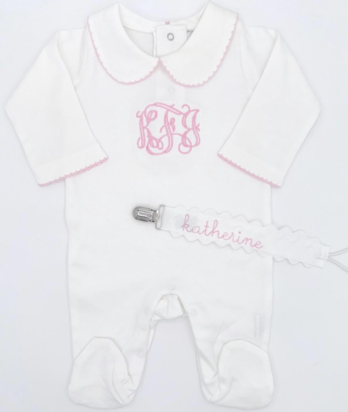 Personalized Footie w/ Collar, Baby Girl | Hospital Outfit, Newborn Outfit, Customize, Embroidery, Coming Home Outfit, Monogram, Picot Trim