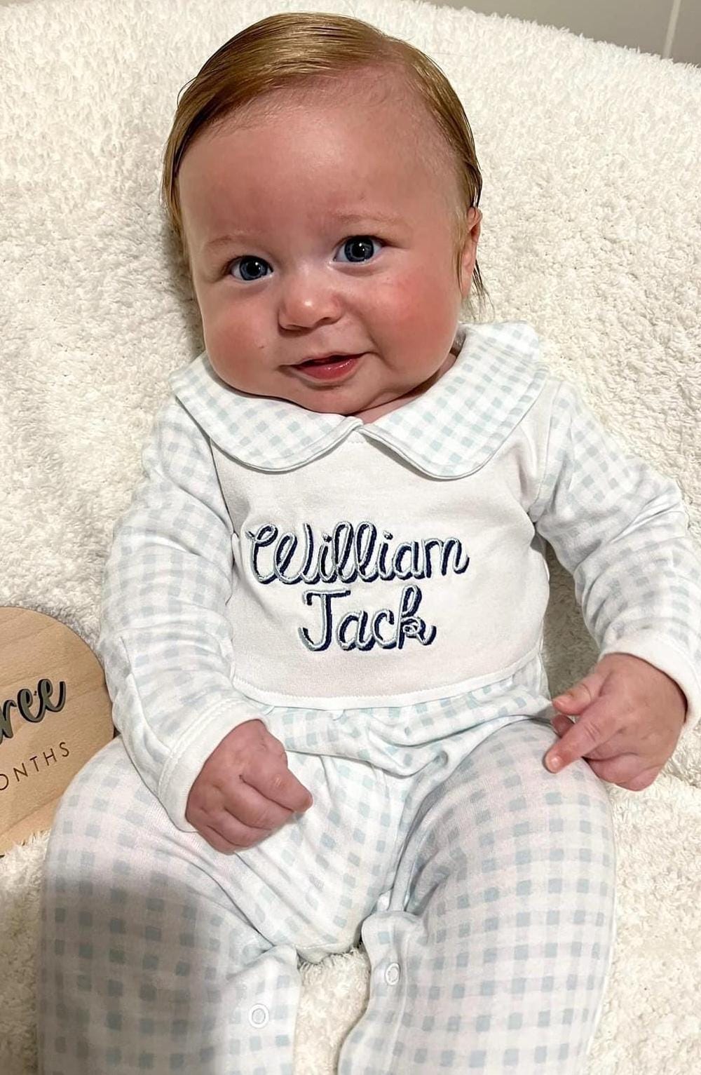Customized Blue Peter Pan Collar Footie, Baby Boy Girl | Hospital Outfit, Newborn, Embroidery, Coming Home Outfit, Sleeper, Stripes, Gingham