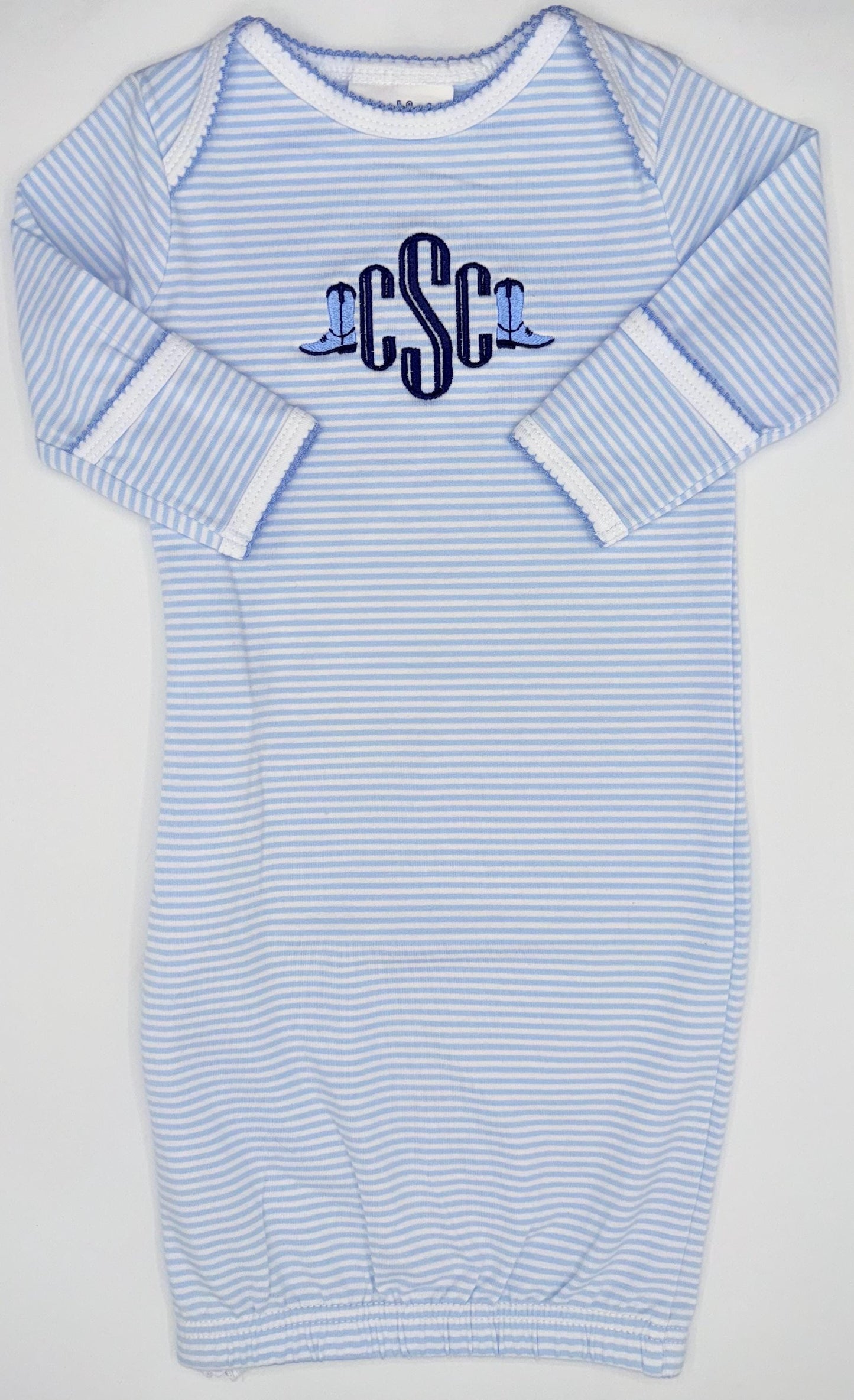 Personalized Blue Stripe Newborn Gown, Baby Boy Girl | Hospital Outfit, Newborn Outfit, Embroidery, Coming Home Outfit, Cowboy Boots