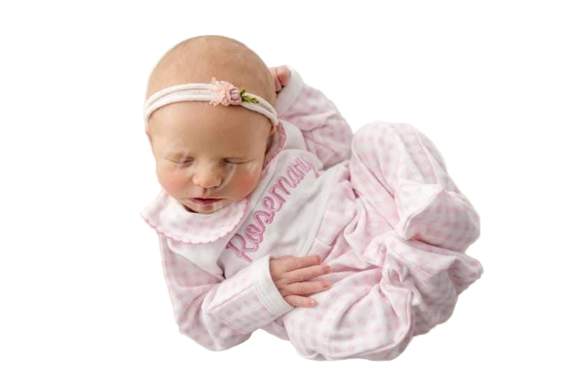 Customized Pink Gingham Newborn Footie, Baby Girl Boy | Hospital Outfit, Newborn, Embroidery, Coming Home Outfit, Stripes, Peter Pan Collar