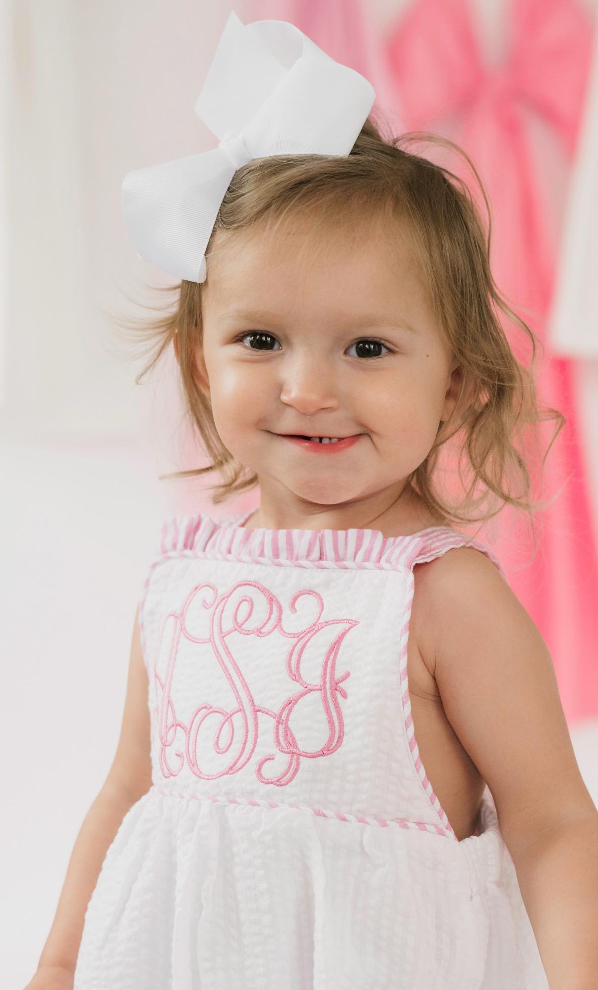 Customizable White Seersucker Sunsuit with Pink Seersucker Edge and Bow, Baby Girl Toddler | Open Vine Monogram, Large Bow, Romper, Bubble