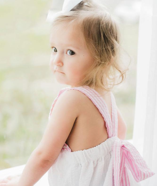 Customizable White Seersucker Sunsuit with Pink Seersucker Edge and Bow, Baby Girl Toddler | Open Vine Monogram, Large Bow, Romper, Bubble