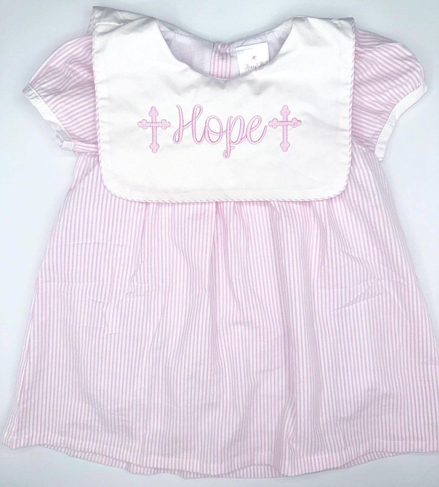Pink Seersucker Bubble & Dress, Monogram, Bib Collar, Bubble, Dress, Baby Toddler Girl, Embroidery, Bow, Scallop Initial, Customize