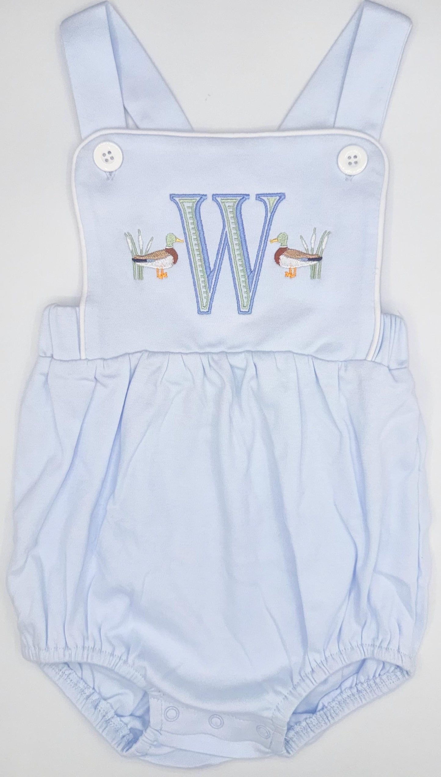 Embroidered Mallard Ducks and Initial Light Blue Boy’s Sunsuit, Baby Boy Toddler | Duck Bubble, Boy Outfit, Summer, Monogram Options