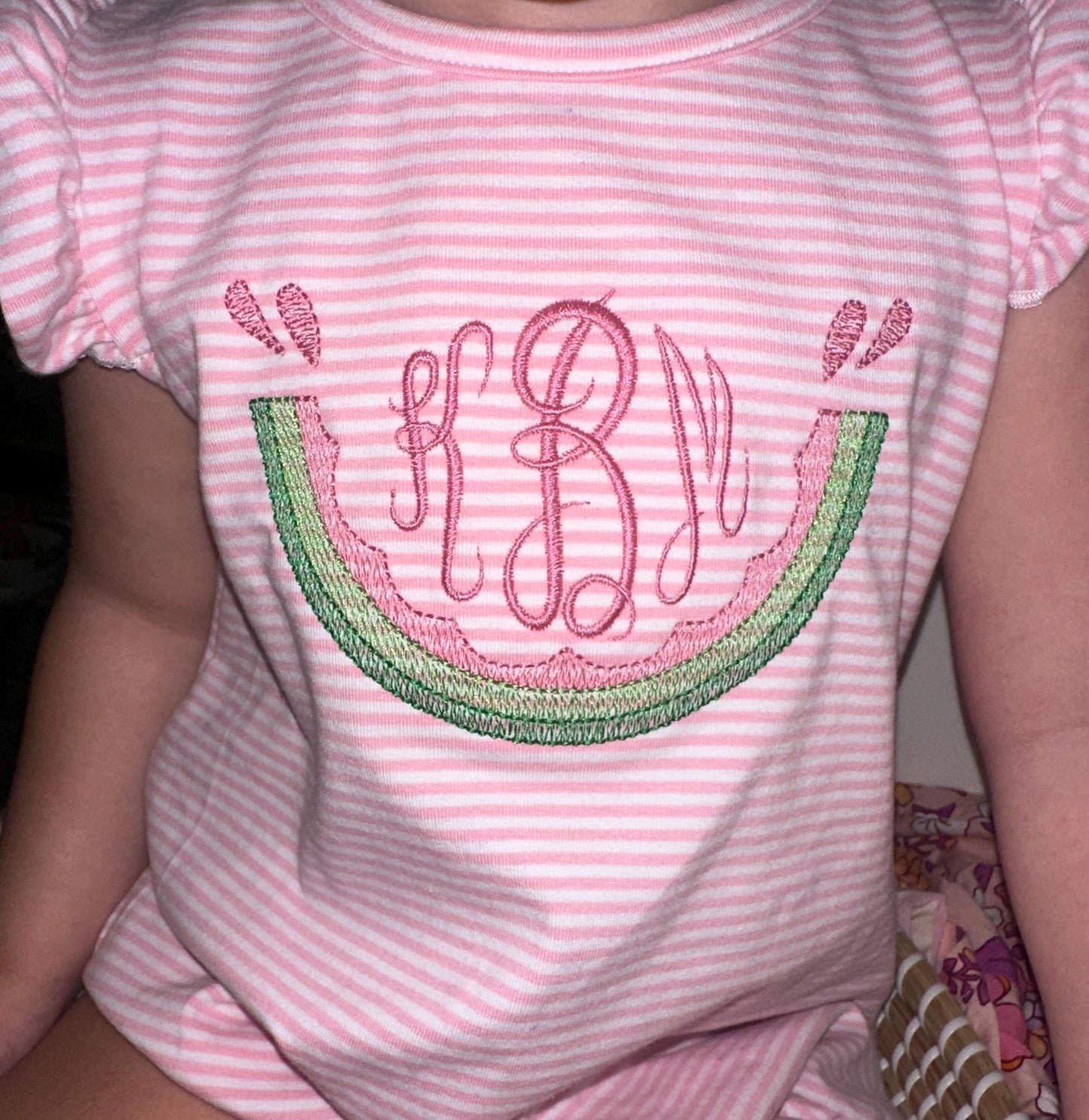 Custom Embroidered Watermelon Slice w/ Monogram Pink Stripe Flutter Sleeve Bubble, Baby Girl Toddler | Sibling Match, Watermelon Crawl