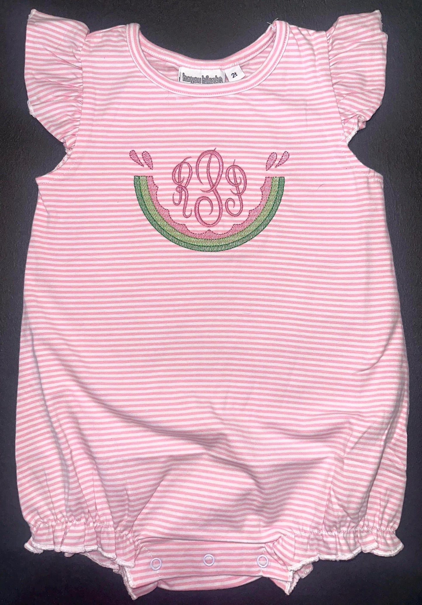 Custom Embroidered Watermelon Slice w/ Monogram Pink Stripe Flutter Sleeve Bubble, Baby Girl Toddler | Sibling Match, Watermelon Crawl