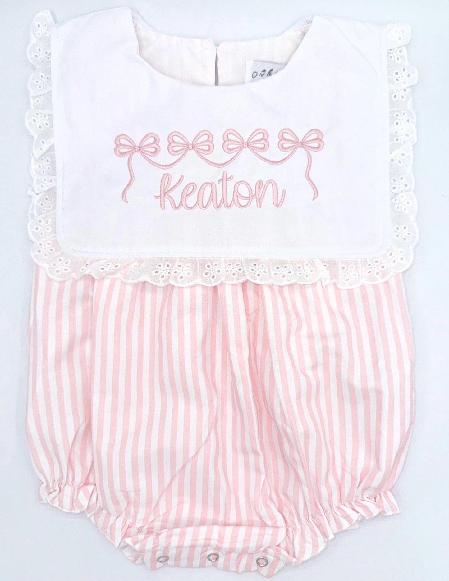 Pink and White Pinstripes Bubble with Eyelet Edge Ruffle Bib, Monogram, Bib Collar, Romper, Baby Toddler Girl, Embroidery, Bow, Stripes