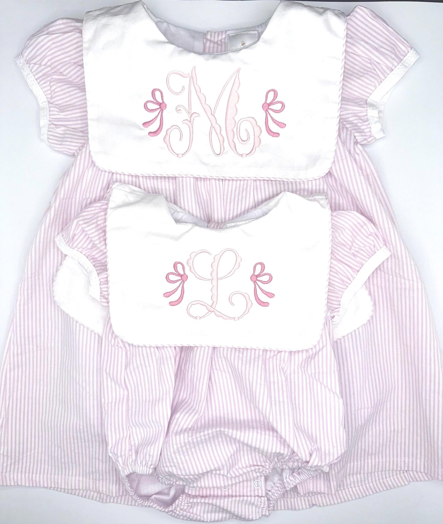 Pink Seersucker Bubble & Dress, Monogram, Bib Collar, Bubble, Dress, Baby Toddler Girl, Embroidery, Bow, Scallop Initial, Customize