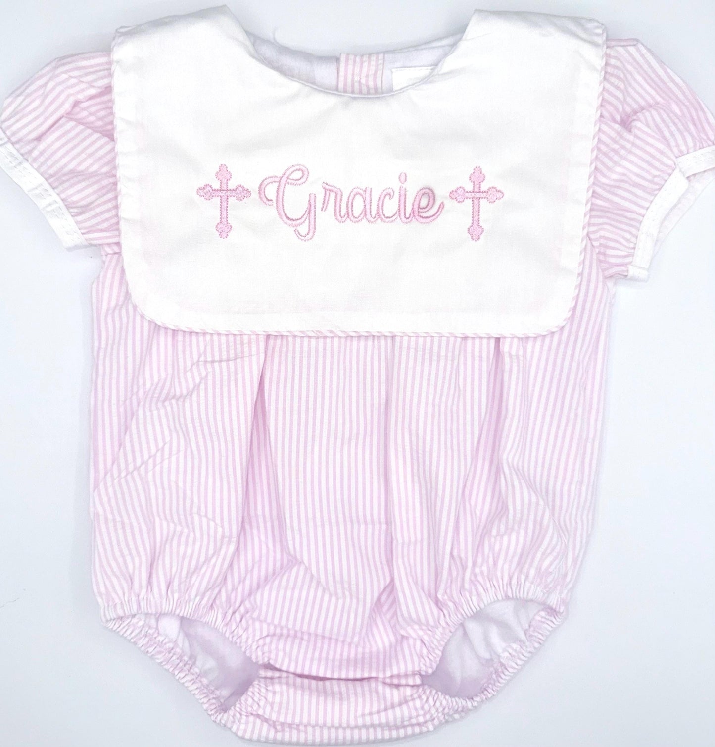 Pink Seersucker Bubble & Dress, Monogram, Bib Collar, Bubble, Dress, Baby Toddler Girl, Embroidery, Bow, Scallop Initial, Customize