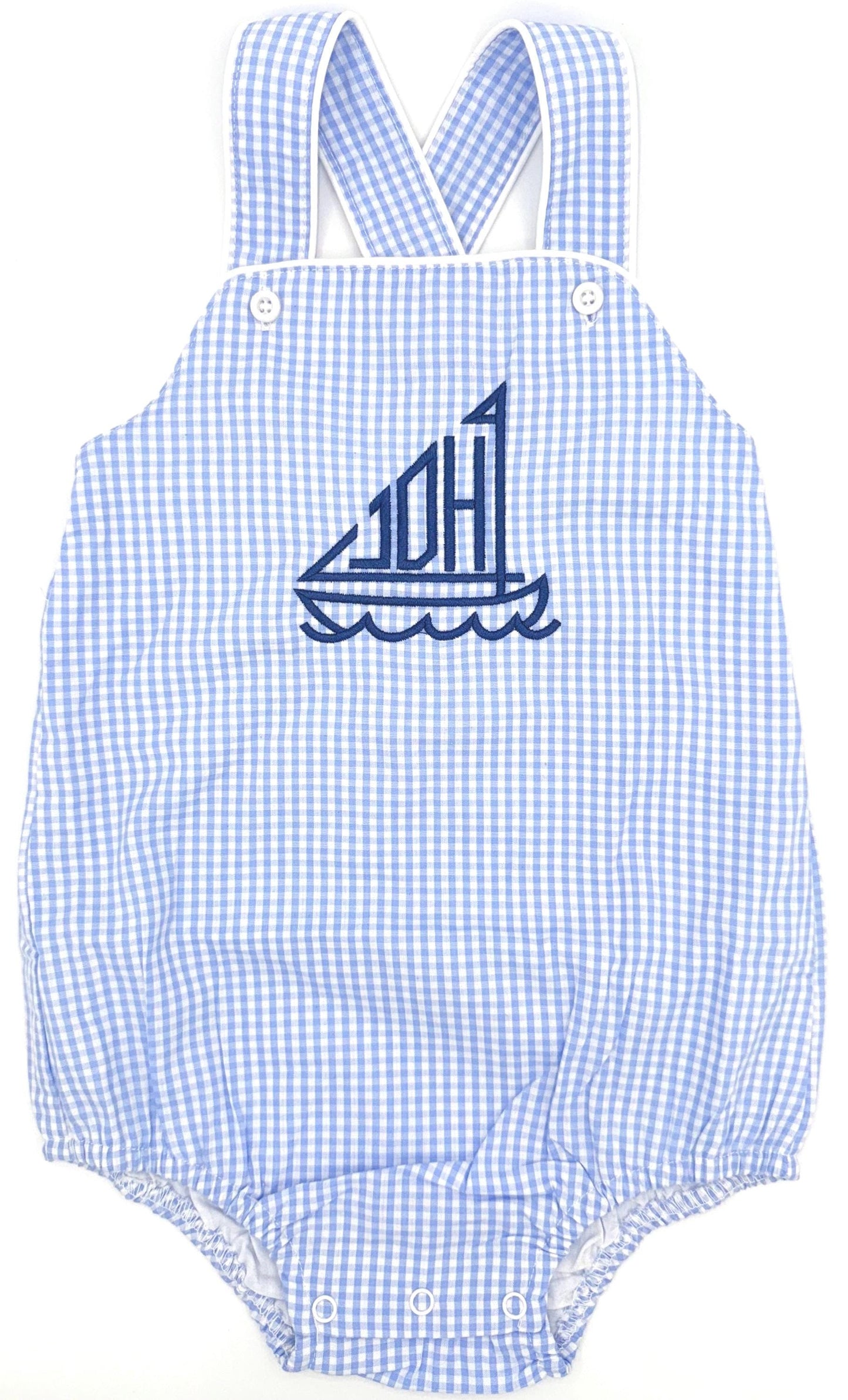 Customizable Monogram Sailboat Blue Gingham Bubble, Baby Boy Toddler | Seersucker, Romper, Sunsuit, Nautical, Beach, Boat, Outfit Options