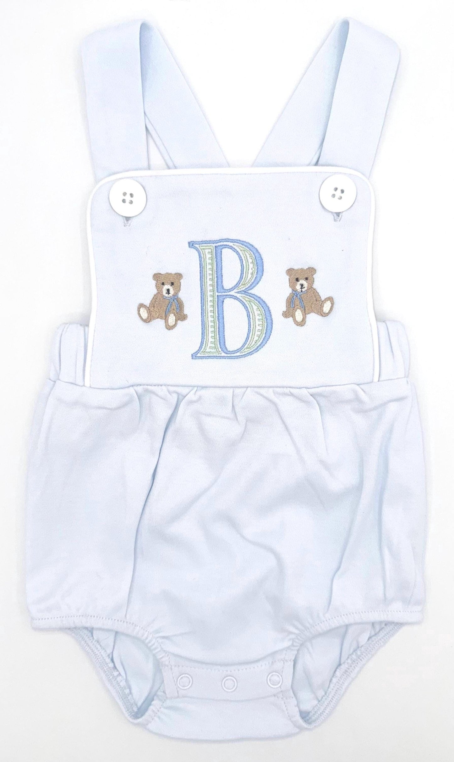 Embroidered Teddy Bears and Initial Light Blue Boy’s Sunsuit, Baby Boy Toddler | Bubble, Boy Outfit, Summer, Romper, Custom