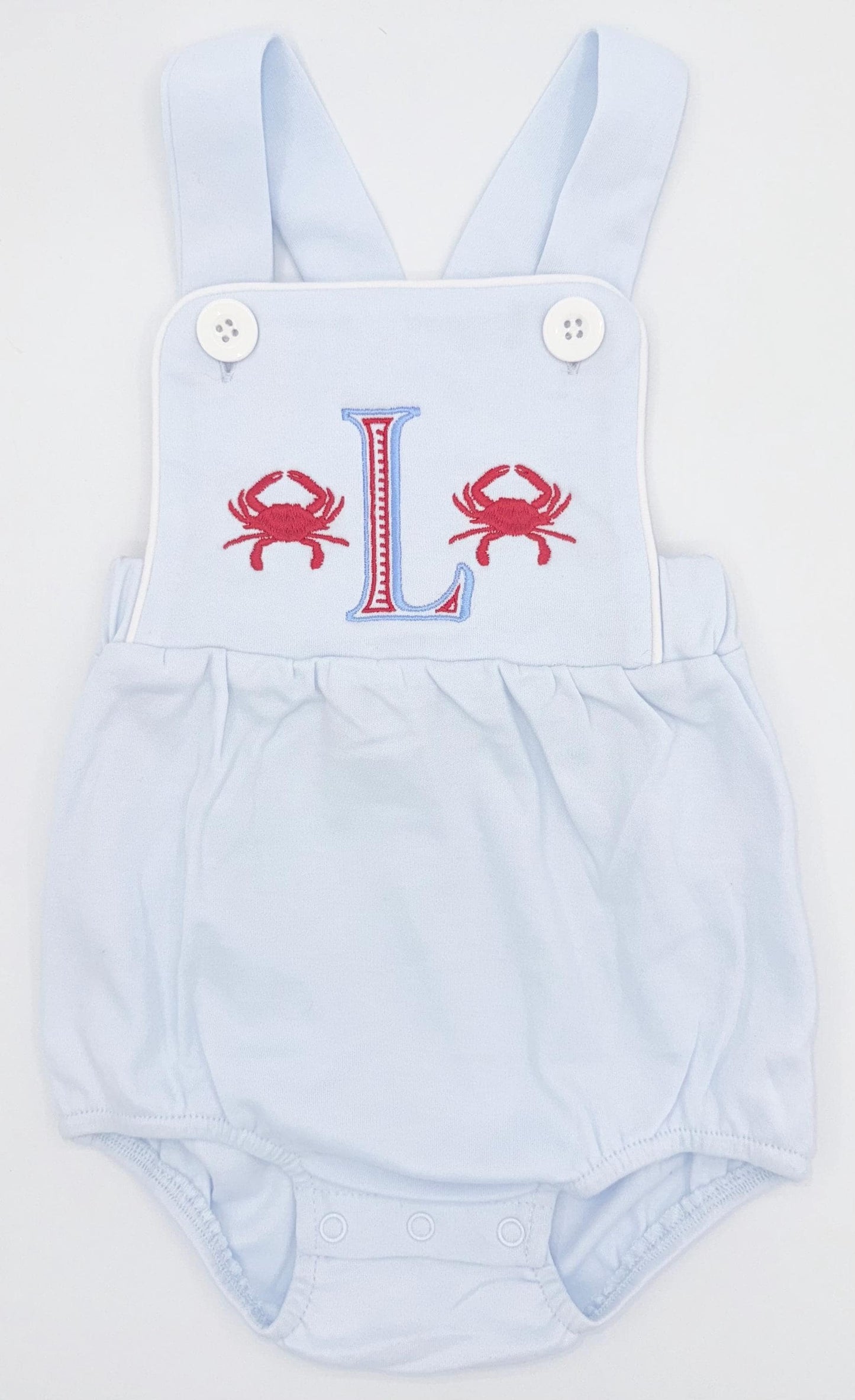 Light Blue Boy’s Sunsuit with Large Ribbed Initial and Crabs, Baby Boy Toddler | Crab, Boy Outfit, Summer, Monogram Options, Beach, Summer
