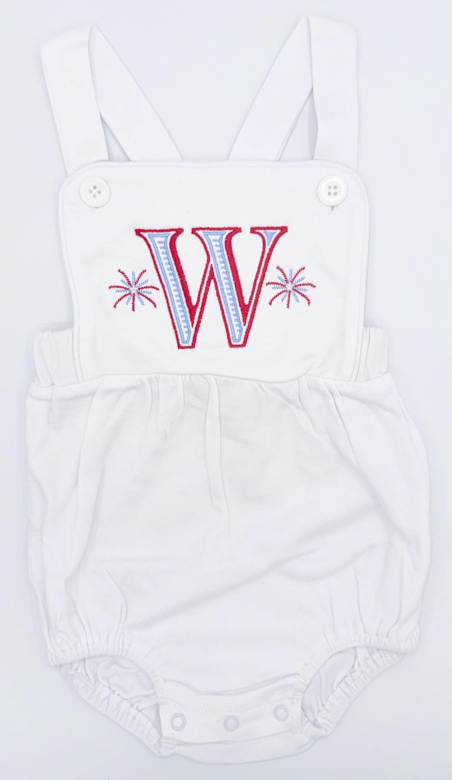 Embroidered Firework and Initial Boy’s Sunsuit, Baby Boy Toddler | Bubble, Boy Outfit, Summer, Romper, 4th of July, Custom, Bold, Patriotic