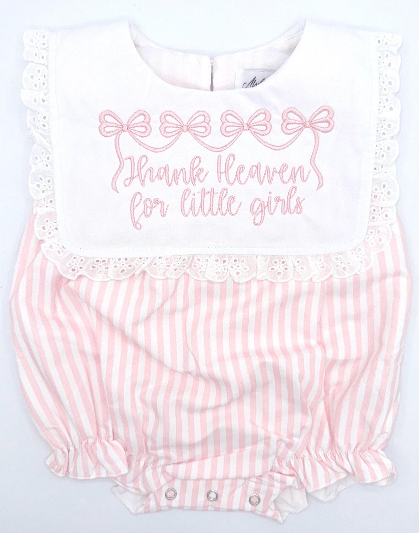 Pink and White Pinstripes Bubble with Eyelet Edge Ruffle Bib, Monogram, Bib Collar, Romper, Baby Toddler Girl, Embroidery, Bow, Stripes