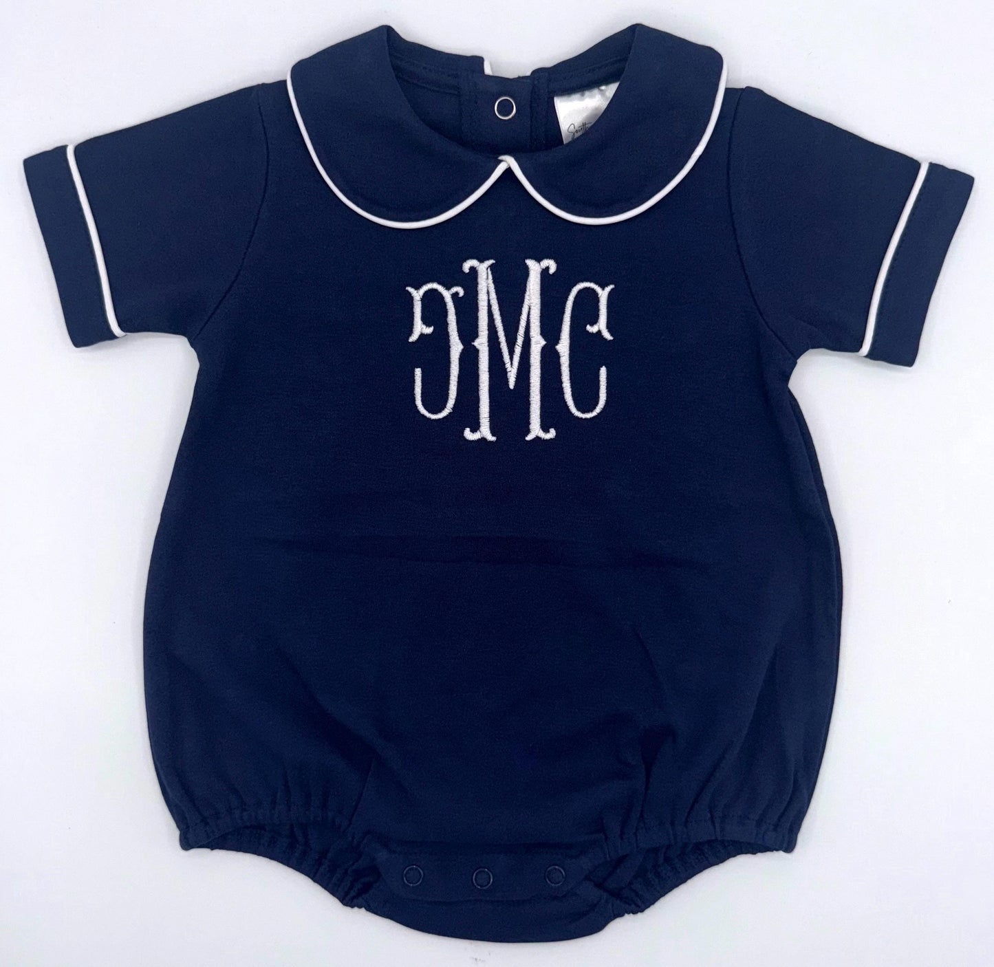 Personalized Piped Edge Bubble with Peter Pan Collar, Navy White Sage Light Blue Options, Romper, Customize, Monogram, Embroidery, Design