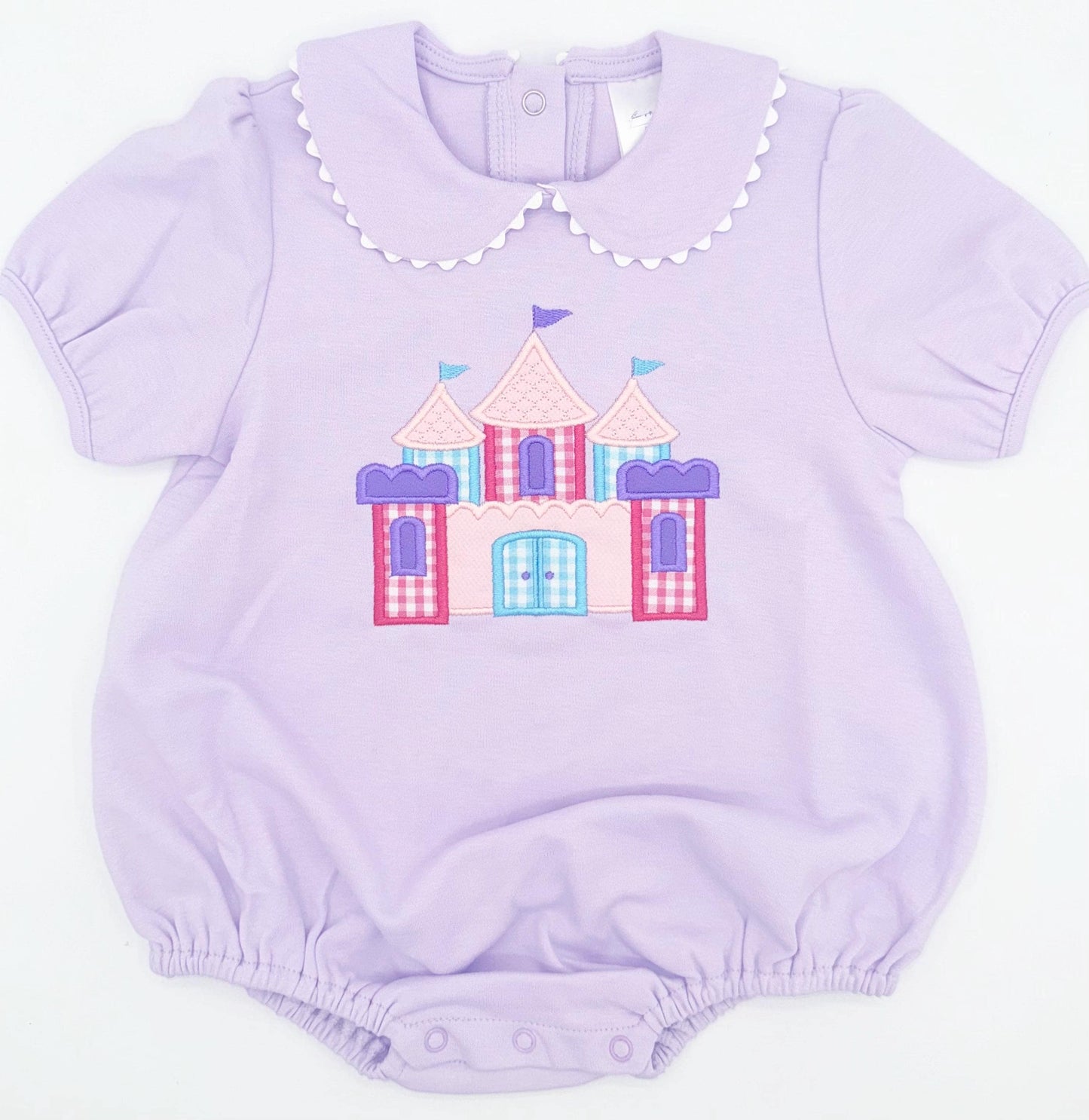 Princess Castle Appliqué Scallop Edge Bubble with Peter Pan Collar| Baby Girl Toddler, Collar, Embroidery