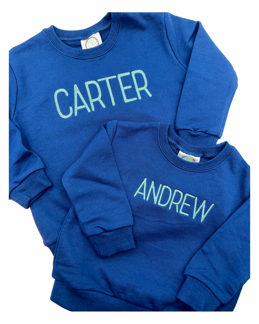 Custom Name Embroidery on Navy Sweatshirt