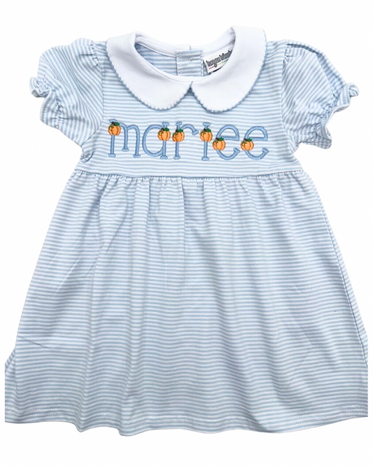 Embroidered Name in Pumpkin Percy Font on Blue Stripe Dress with Peter Pan Collar