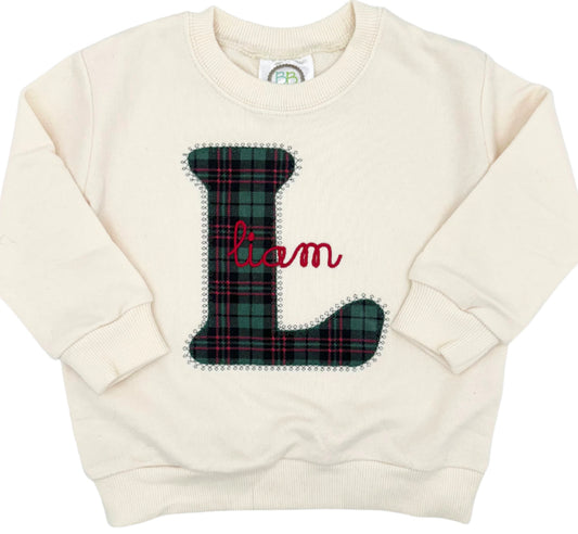 Christmas Plaid Initial with Name Embroidery on Cream Sweatshirt