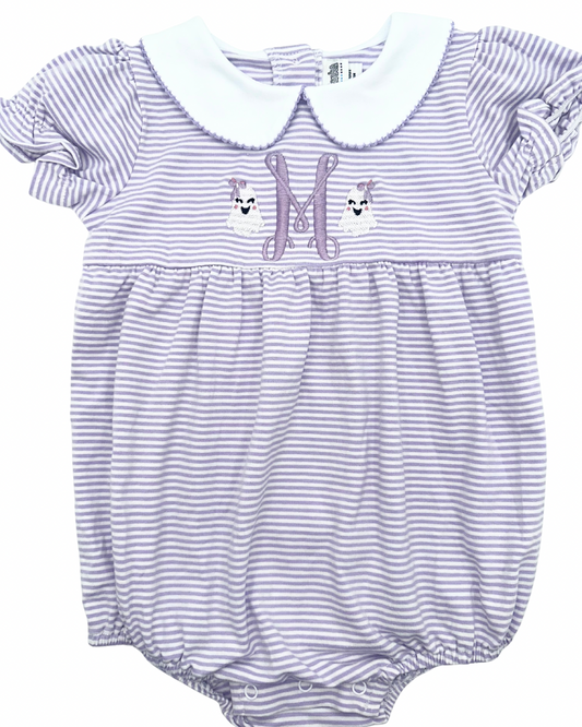 Initial with Ghosts on Each Side on Lavender Stripe Bubble with Peter Pan Collar