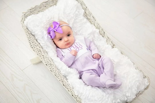 Lavender Tiny Striped Bib Front Footie & Hat