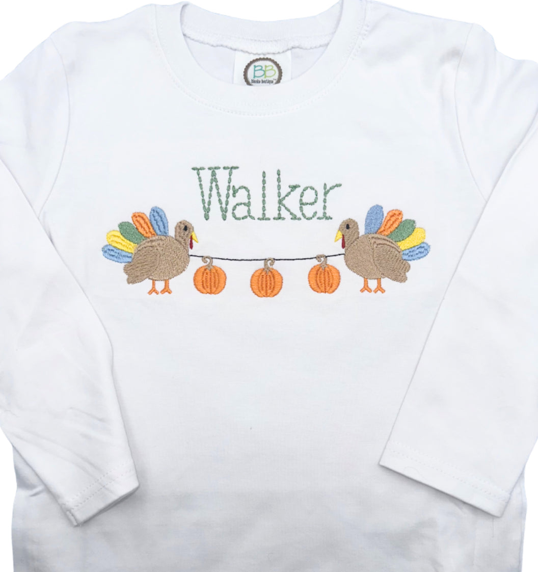 Turkeys Holding Pumpkin Banner with Embroidered Name
