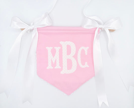 Custom Pink Monogram Hospital Banner with Bows and Scallop Ric Rac Edge
