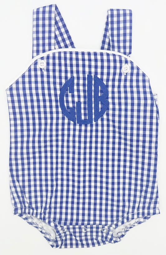 Embroidered Boys Gingham Monogram Sunsuit, Baby Boy Toddler | Bubble, Boy Outfit, Summer, Romper, Blue and White