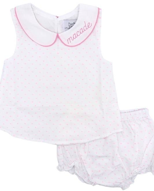 White with Blue Swiss Dot Diaper Set with Peter Pan Collar