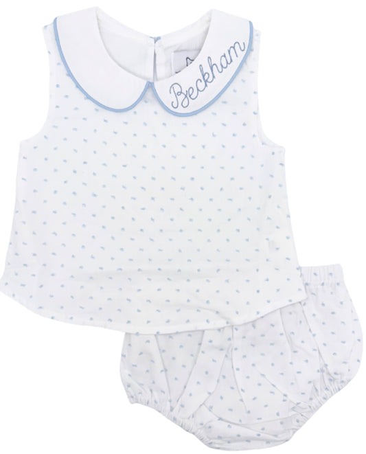 White with Blue Swiss Dot Diaper Set with Peter Pan Collar